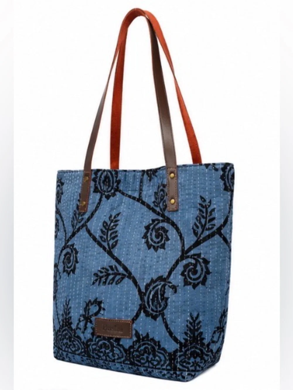 Basha Handmade Reclaimed Sari Cloth Quilted Tote Bag Blue Floral Leather Straps